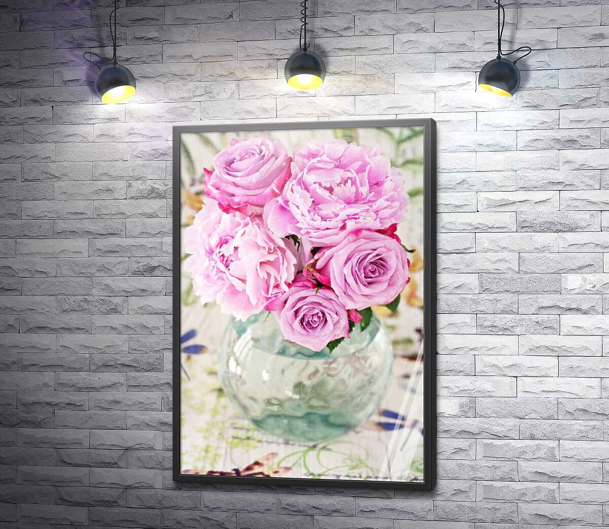 постер Розовые пионы и розы в вазе