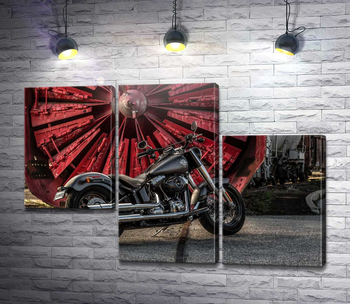 модульная картина Мотоцикл Harley Davidson на фоне турбины (Модуль №13)