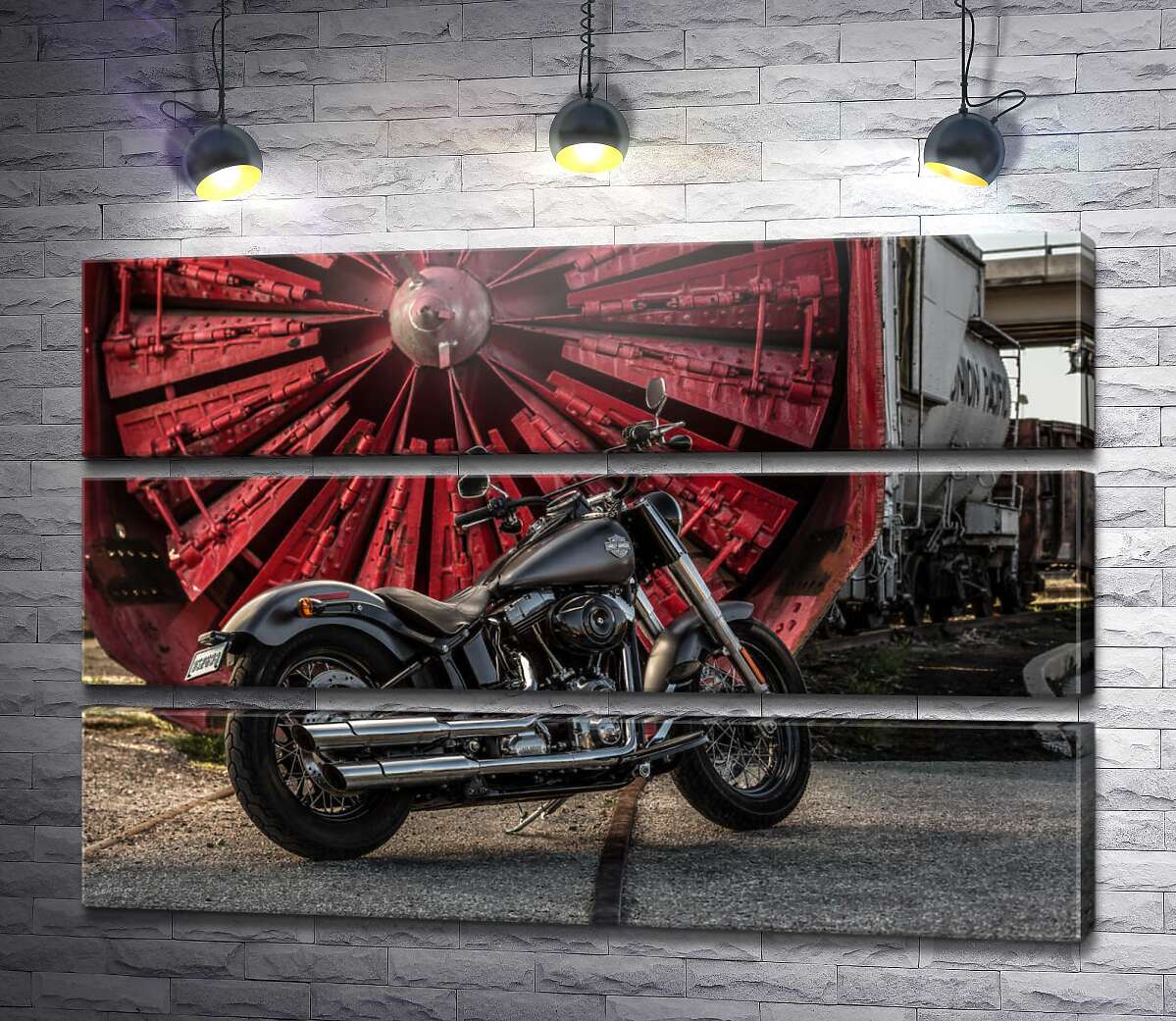 модульна картина Мотоцикл Harley Davidson на тлі турбіни (Модуль №15)