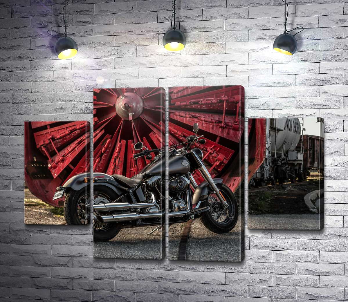 модульна картина Мотоцикл Harley Davidson на тлі турбіни (Модуль №20)