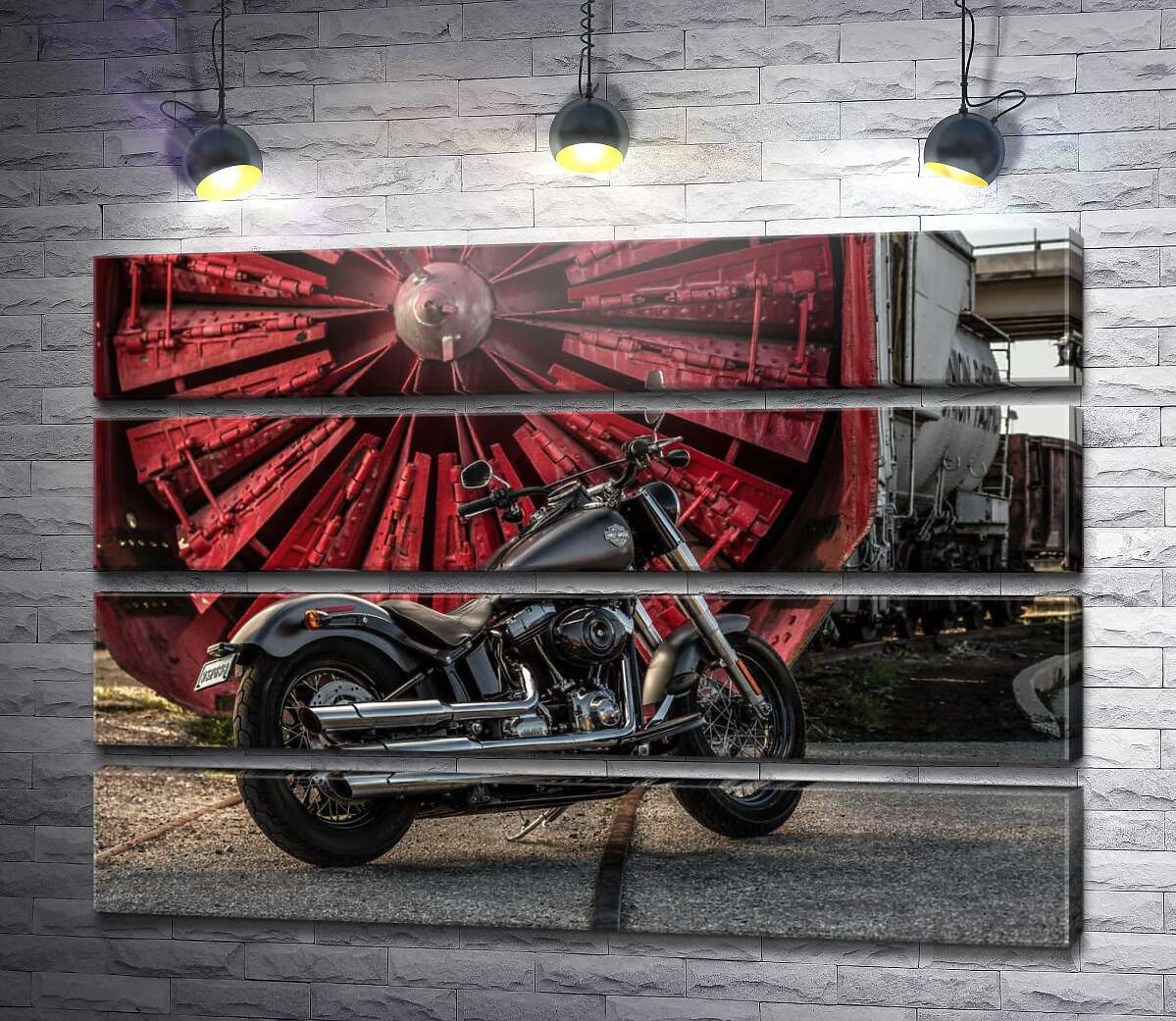 модульна картина Мотоцикл Harley Davidson на тлі турбіни (Модуль №22)