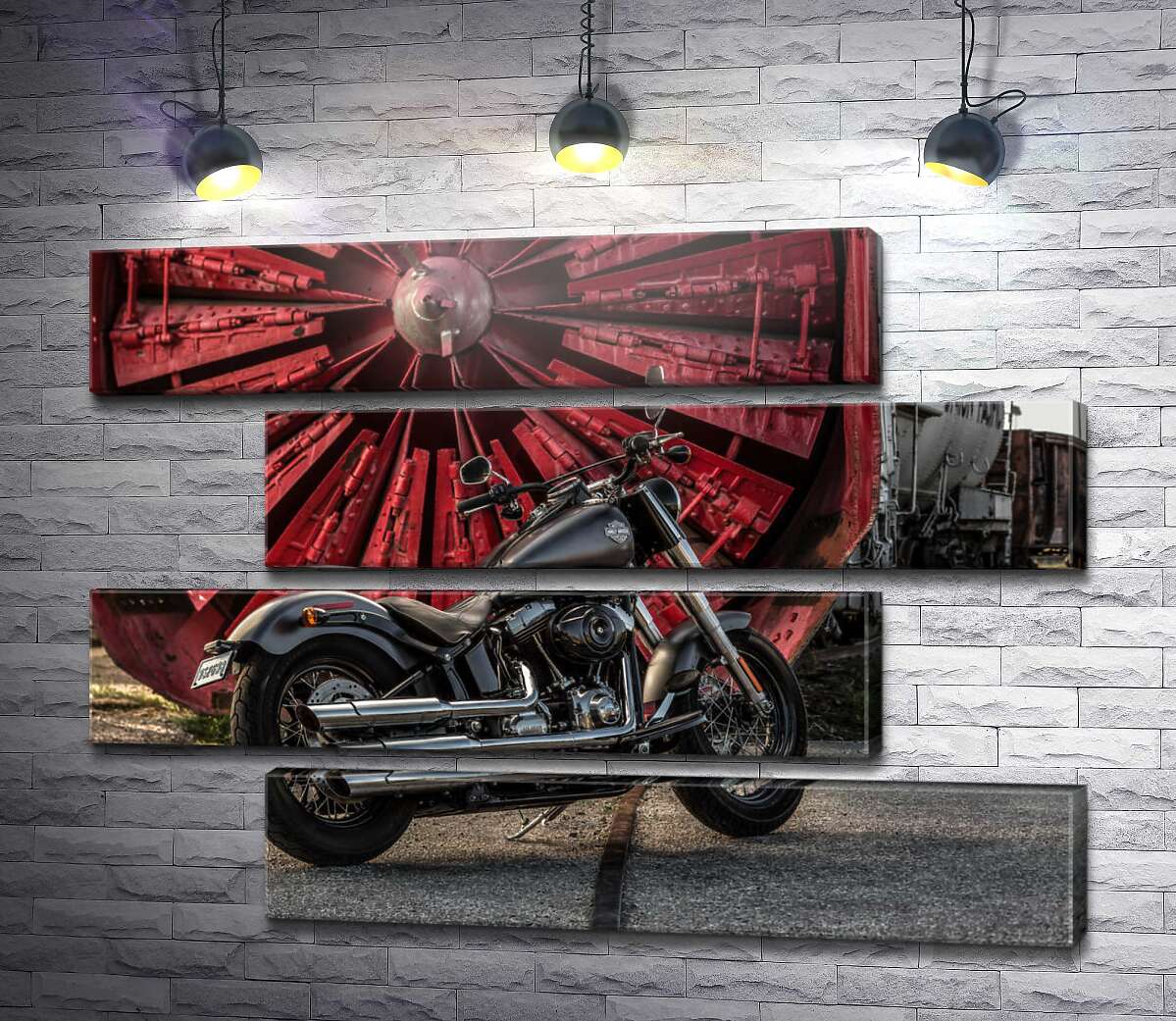 модульная картина Мотоцикл Harley Davidson на фоне турбины (Модуль №23)
