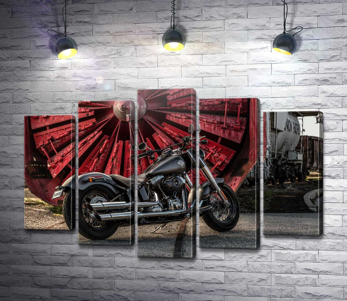 модульная картина Мотоцикл Harley Davidson на фоне турбины (Модуль №4)