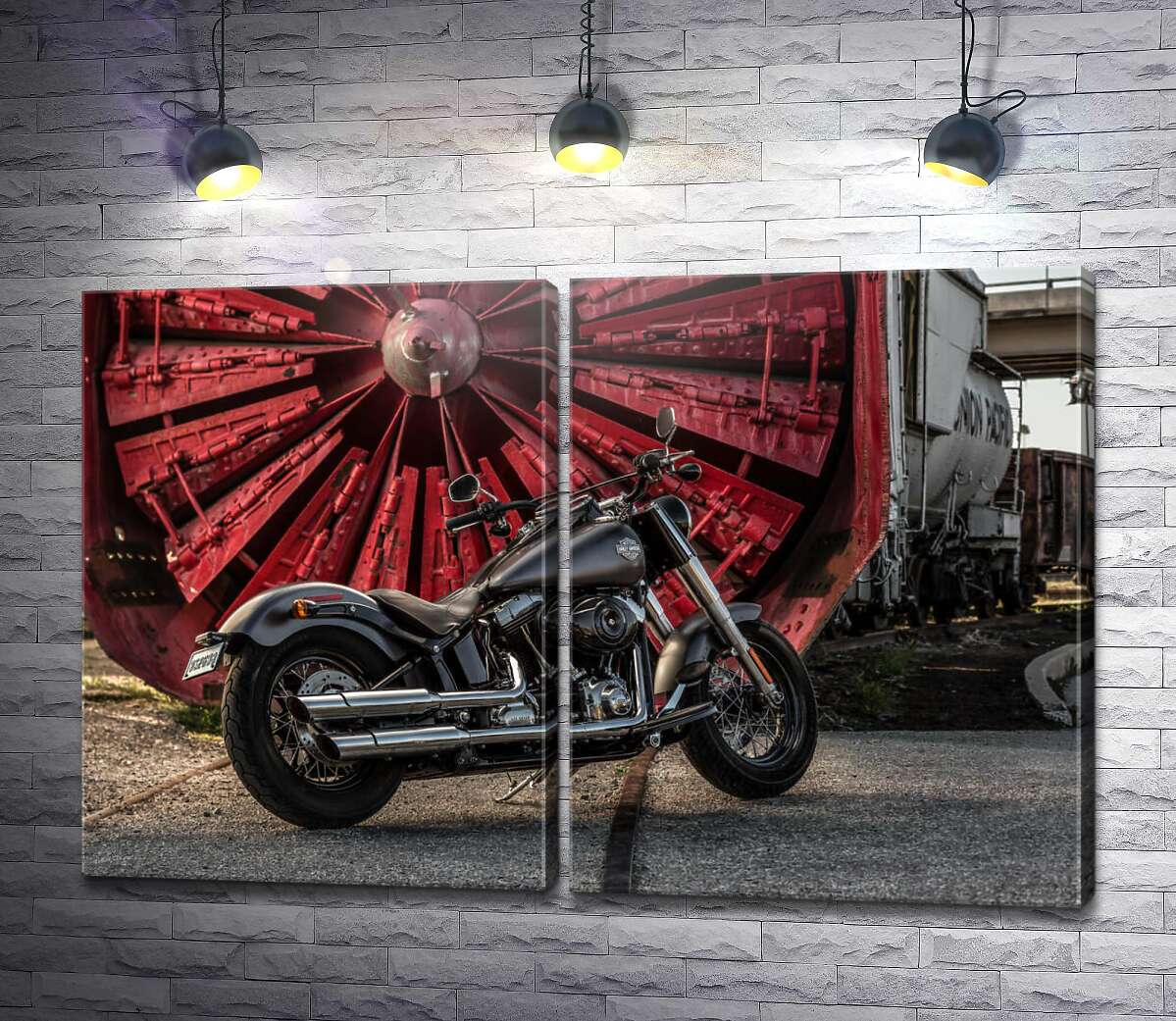 модульная картина Мотоцикл Harley Davidson на фоне турбины