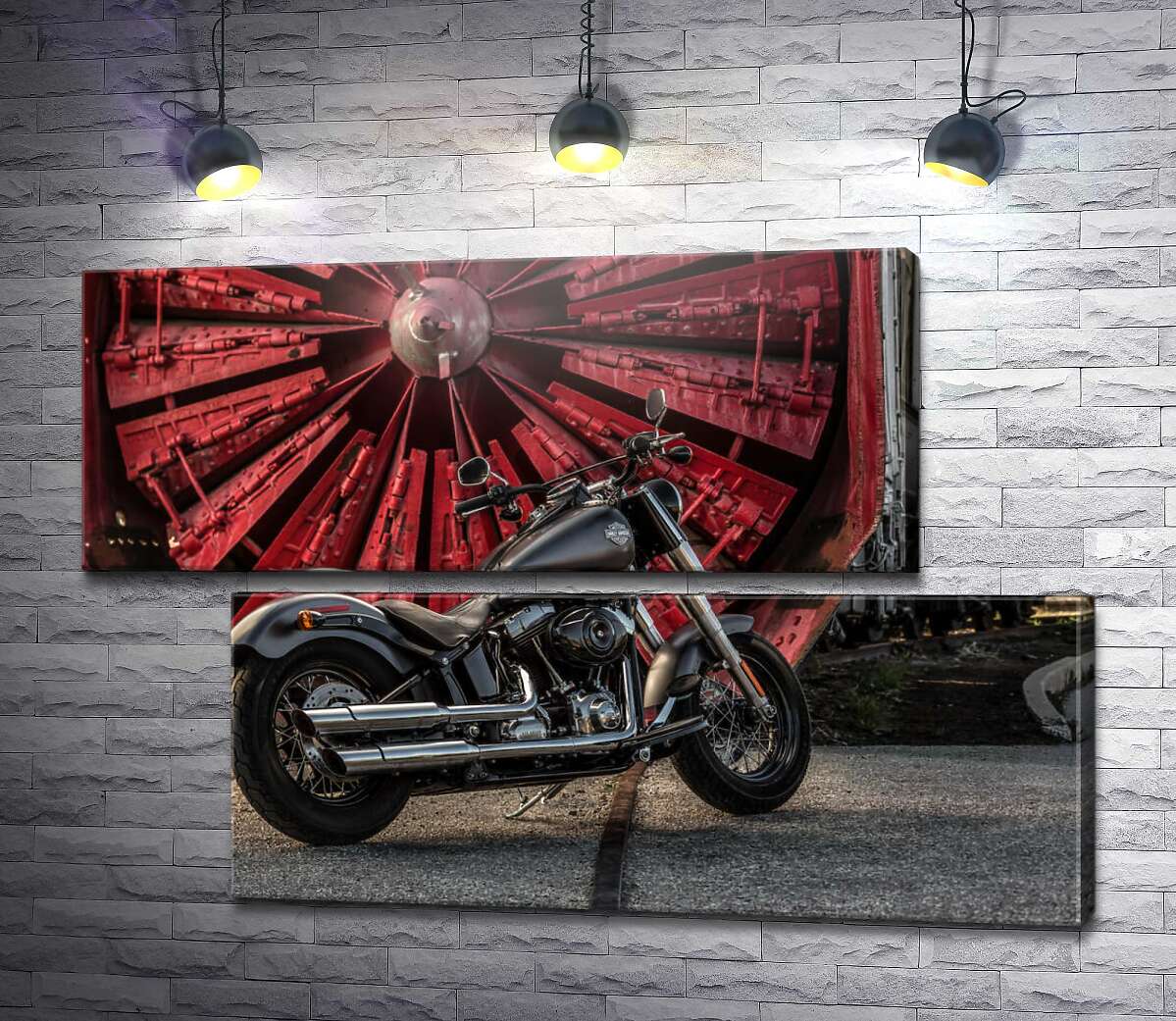 модульная картина Мотоцикл Harley Davidson на фоне турбины (Модуль №8)