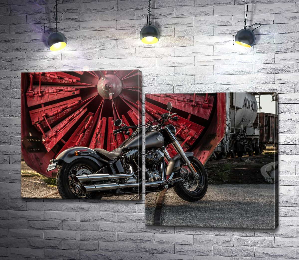 модульная картина Мотоцикл Harley Davidson на фоне турбины (Модуль №9)