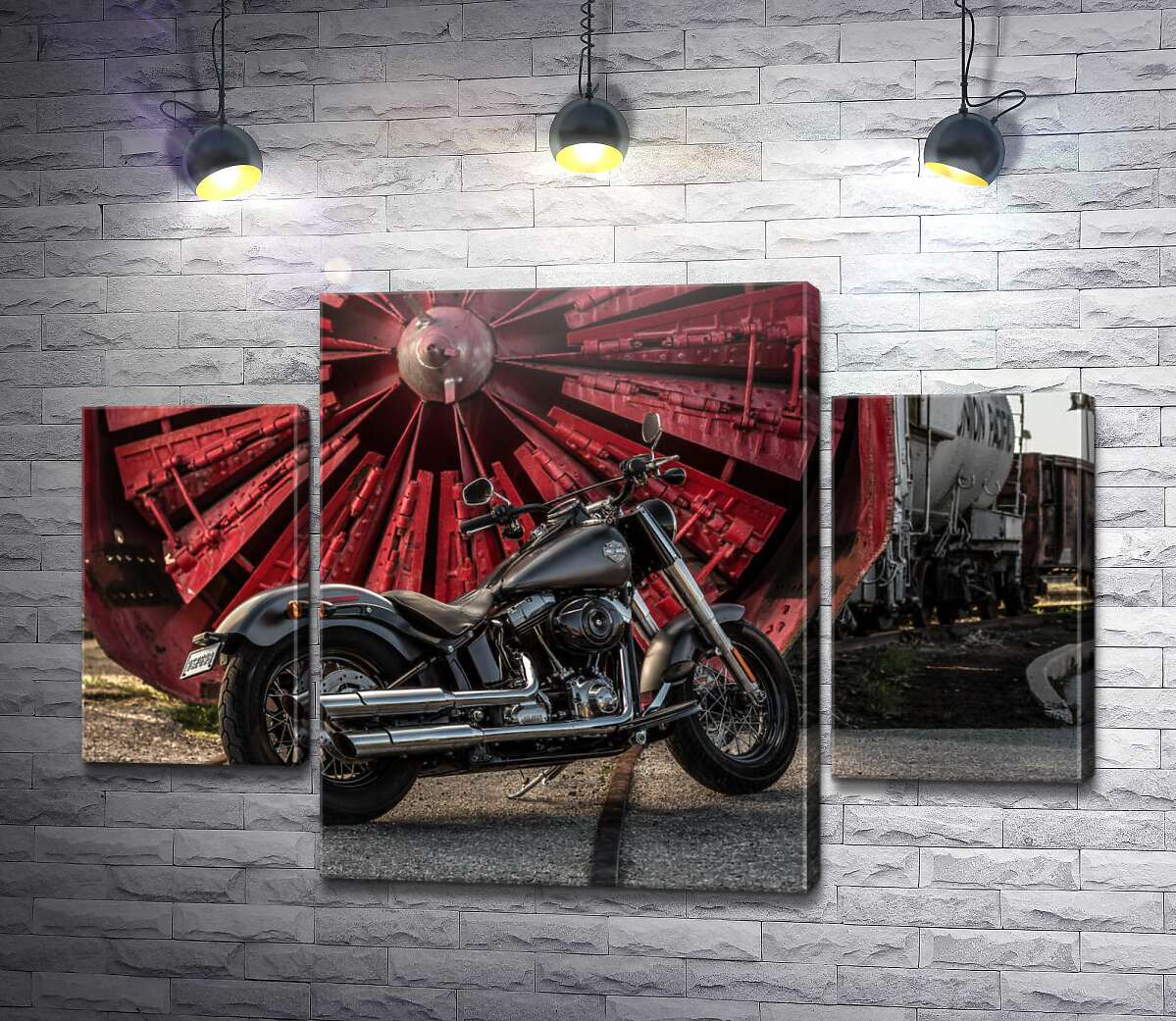 модульная картина Мотоцикл Harley Davidson на фоне турбины (Модуль №5)