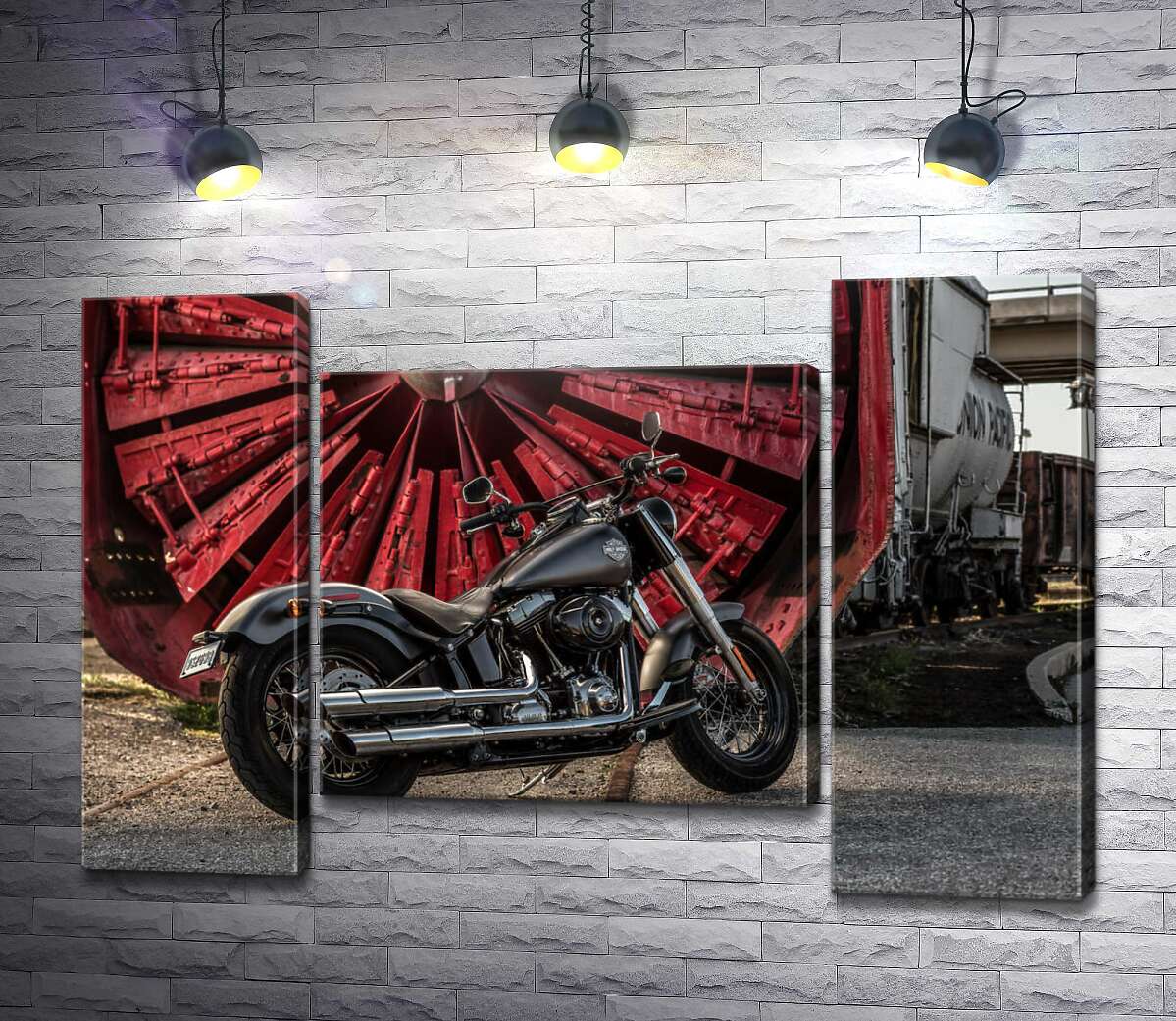 модульна картина Мотоцикл Harley Davidson на тлі турбіни (Модуль №11)