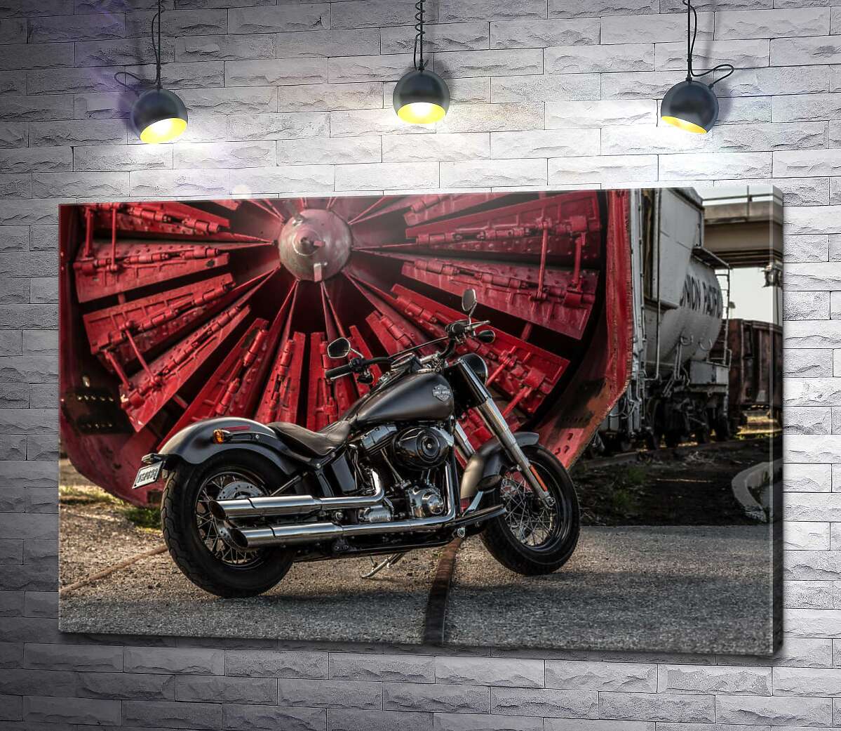 картина Мотоцикл Harley Davidson на фоне турбины