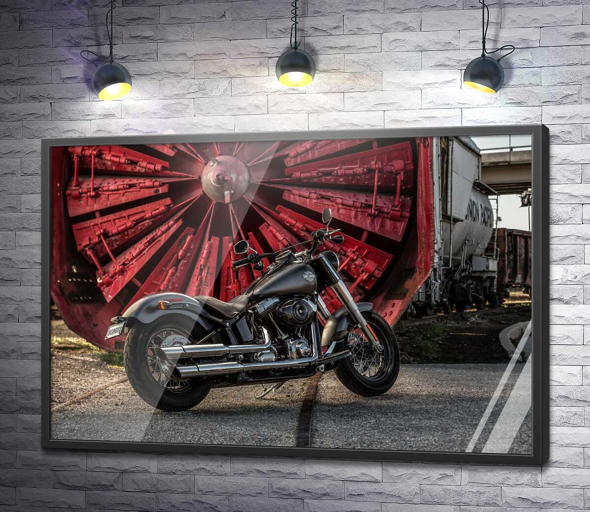 постер Мотоцикл Harley Davidson на фоне турбины
