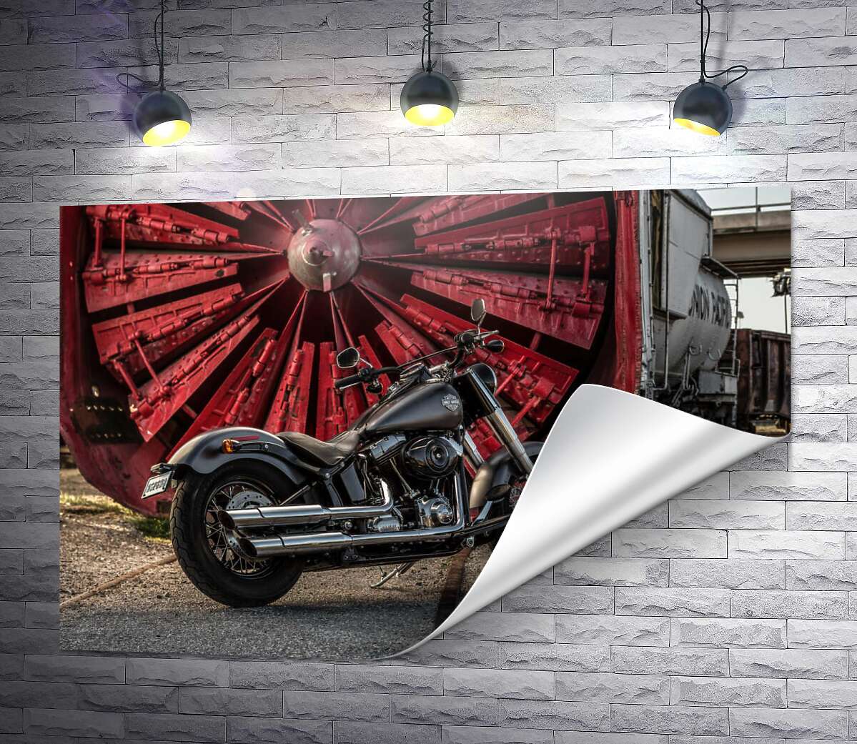 печать Мотоцикл Harley Davidson на фоне турбины