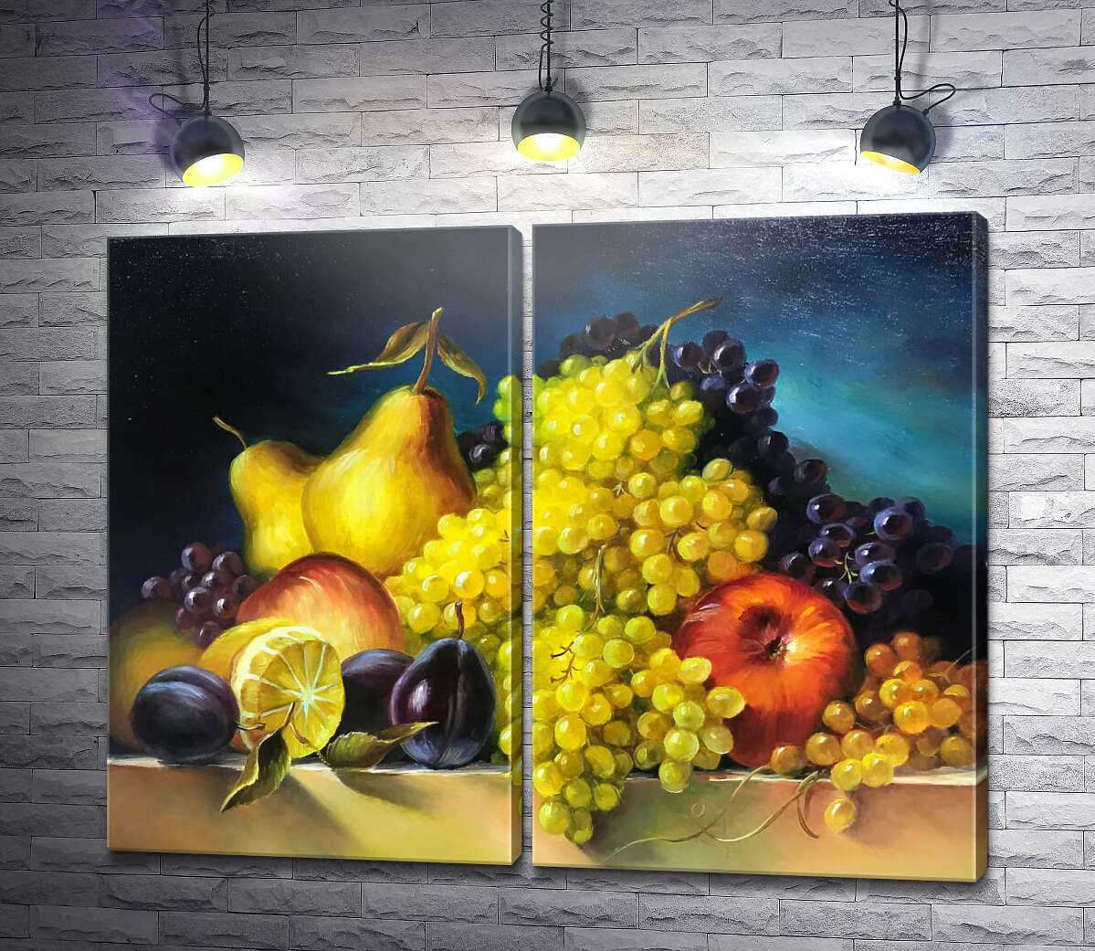 модульна картина Груші та яблука потопають у винограді