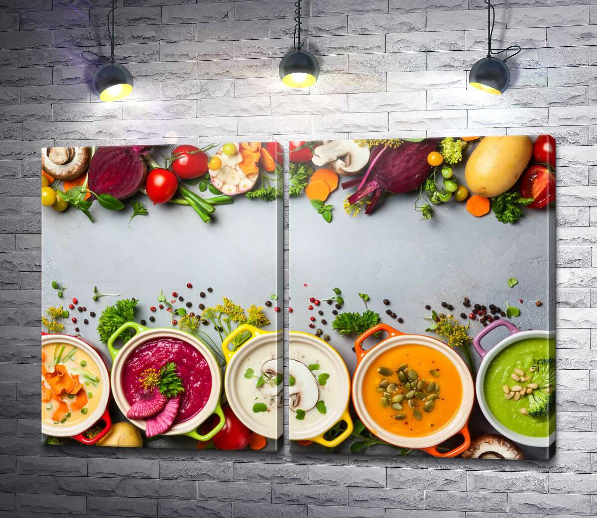 модульна картина Парад різнокольорових інгредієнтів та супів