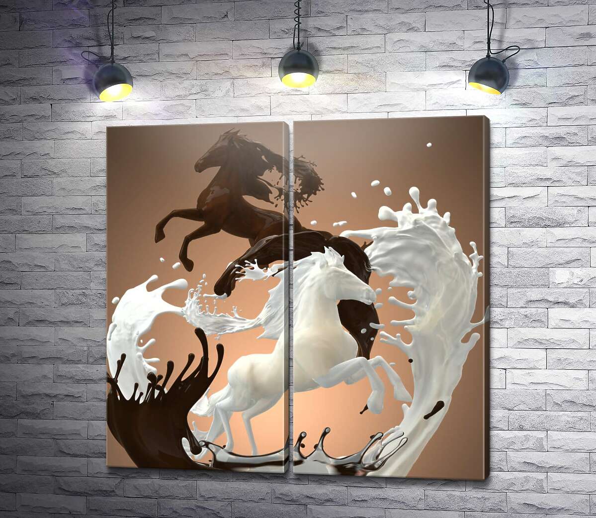 модульна картина Грація коней в молочно-шоколадній абстракції