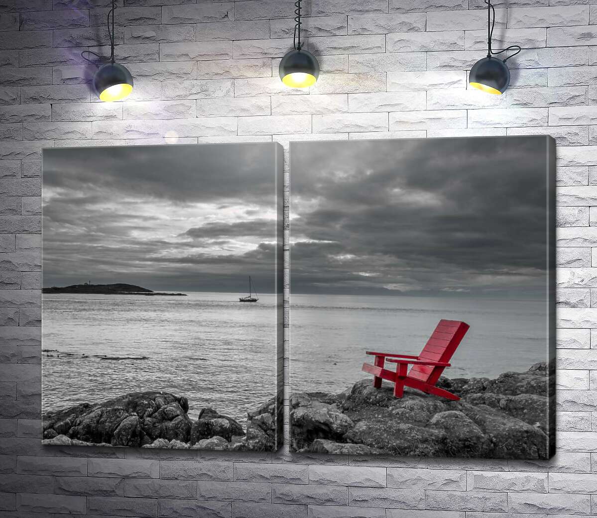 модульная картина Одинокий стул на берегу черно-белого моря
