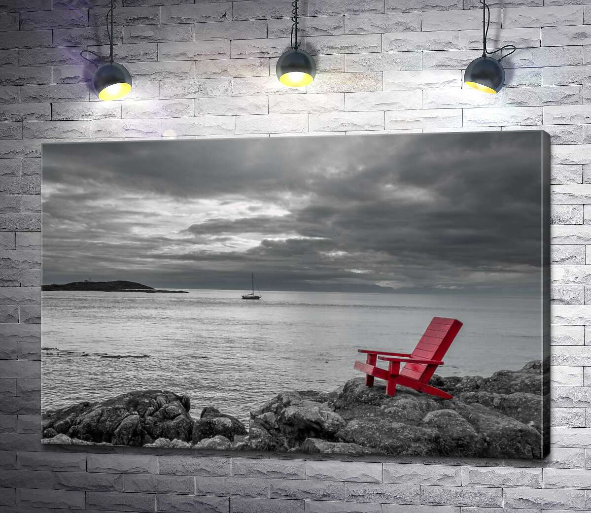 картина Самотній стілець на березі чорно-білого моря