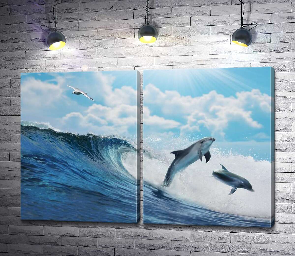 модульная картина Дельфины в пенящихся морских волнах