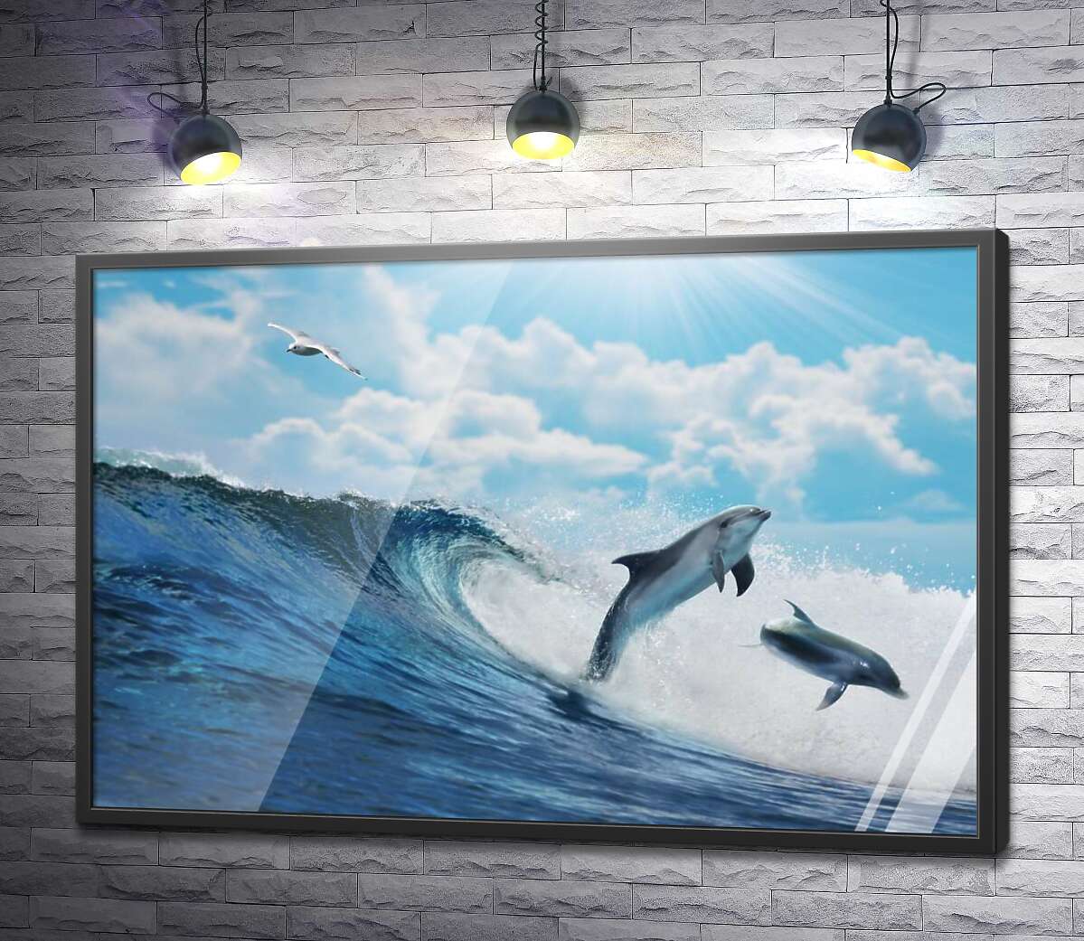 постер Дельфины в пенящихся морских волнах