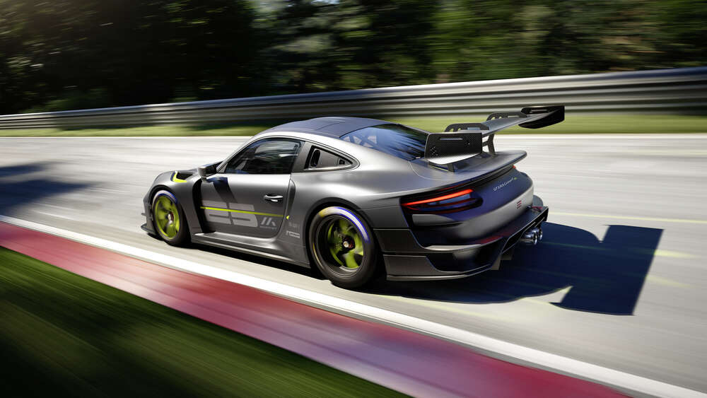 картина-постер Серый автомобиль Porsche 911 GT2 мчит по трассе