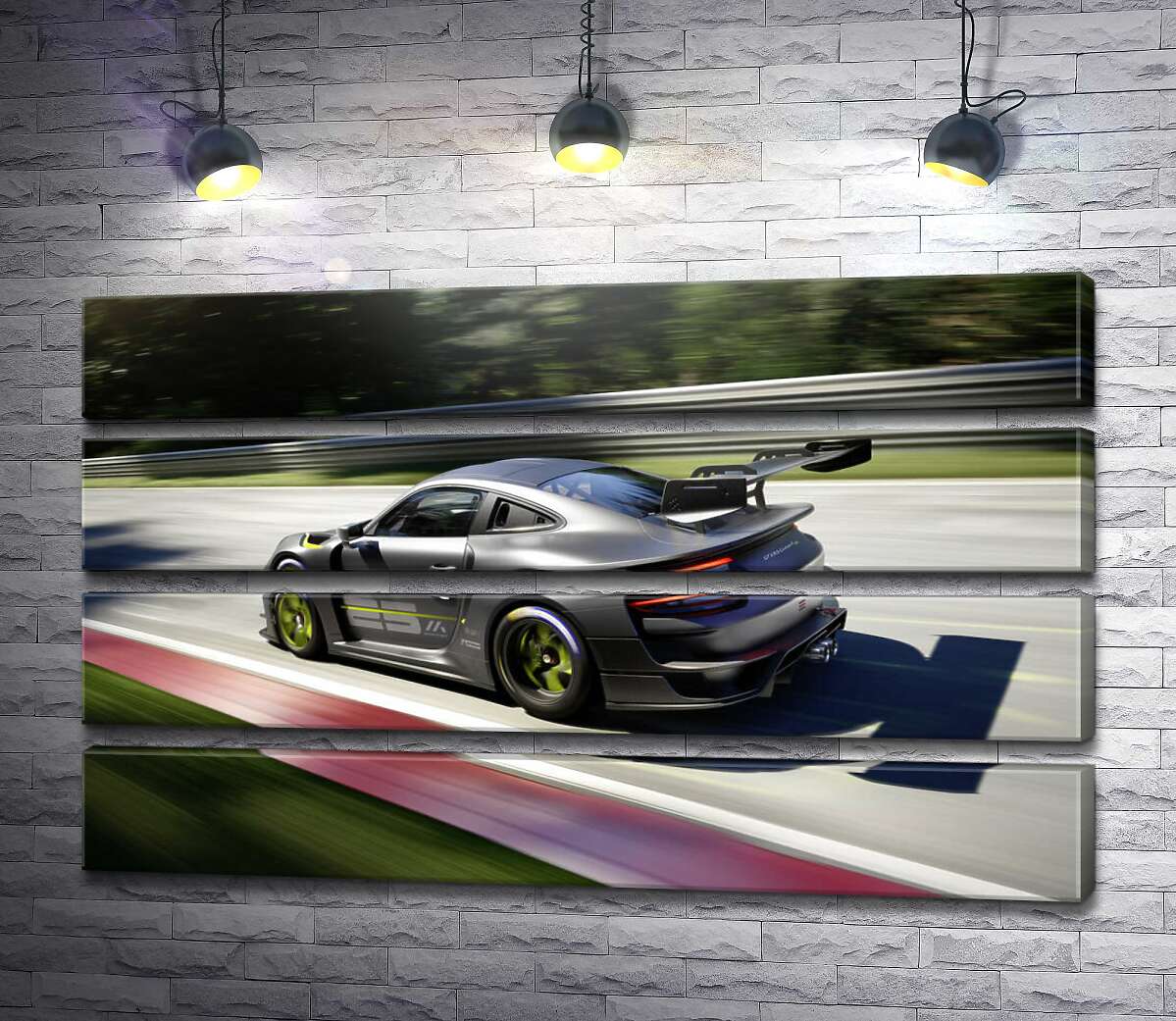 модульна картина Сірий автомобіль Porsche 911 GT2 мчить по трасі (Модуль №22)