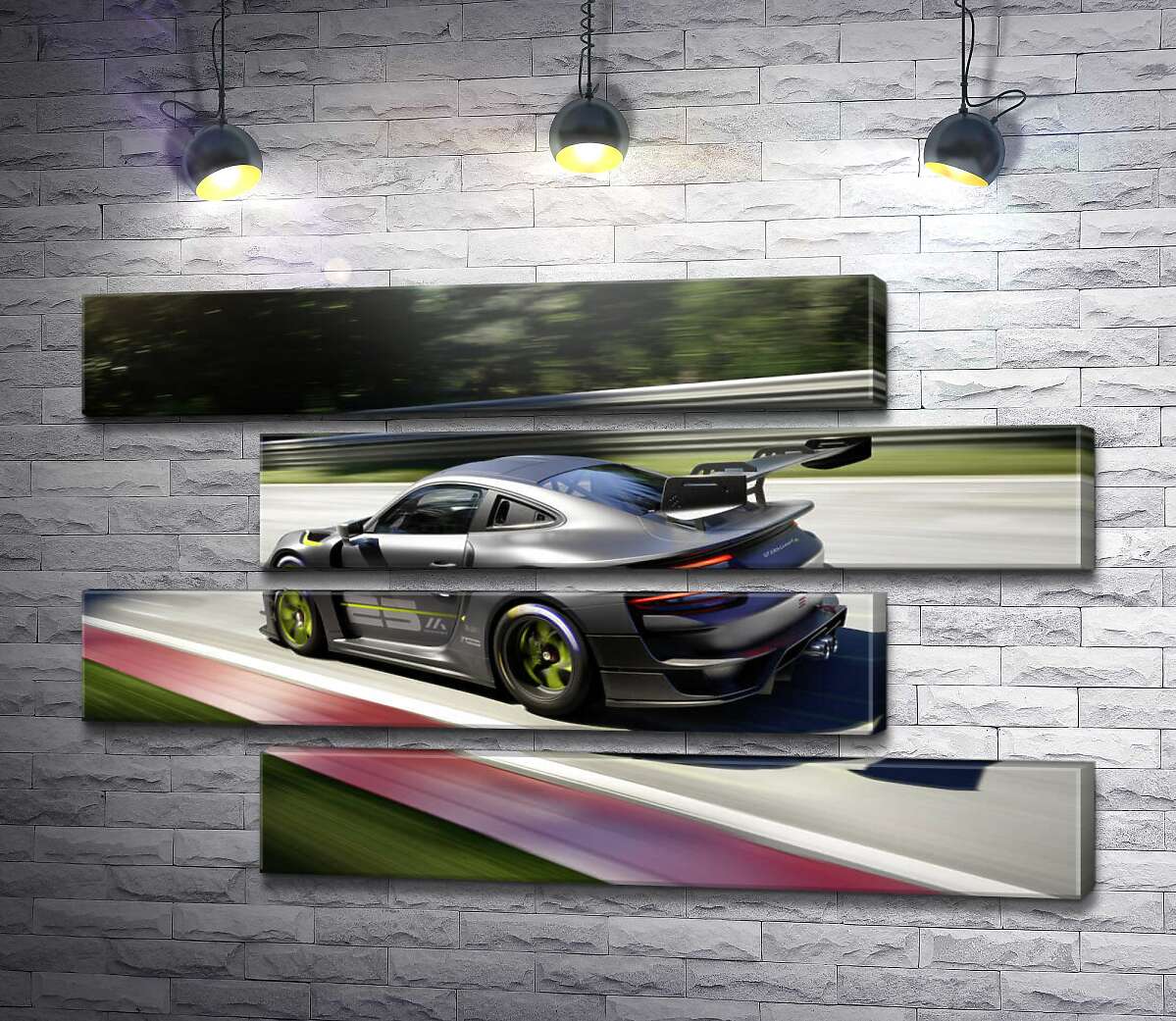 модульна картина Сірий автомобіль Porsche 911 GT2 мчить по трасі (Модуль №23)