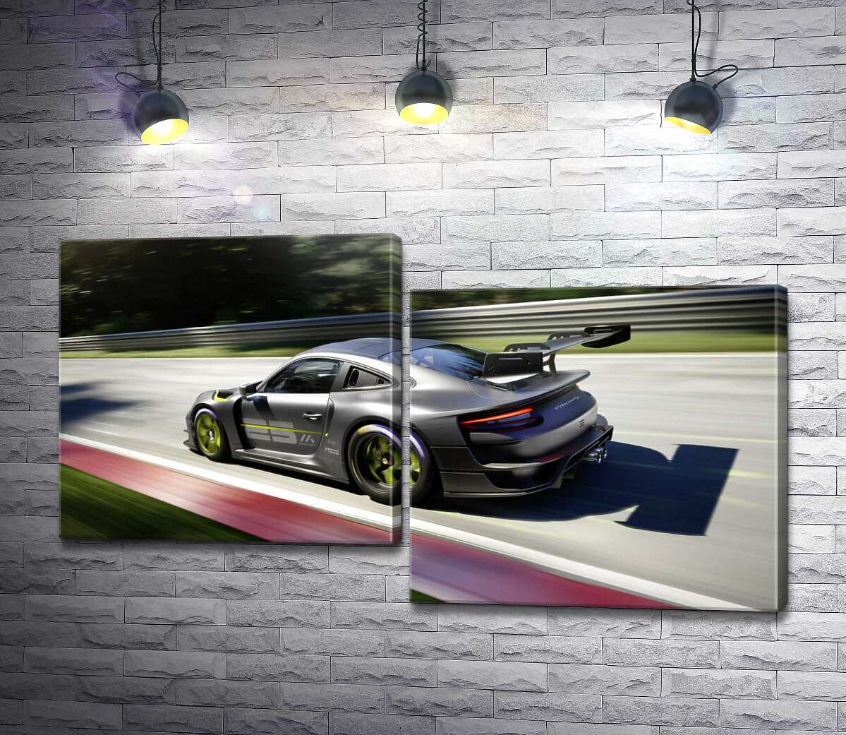 модульная картина Серый автомобиль Porsche 911 GT2 мчит по трассе (Модуль №9)