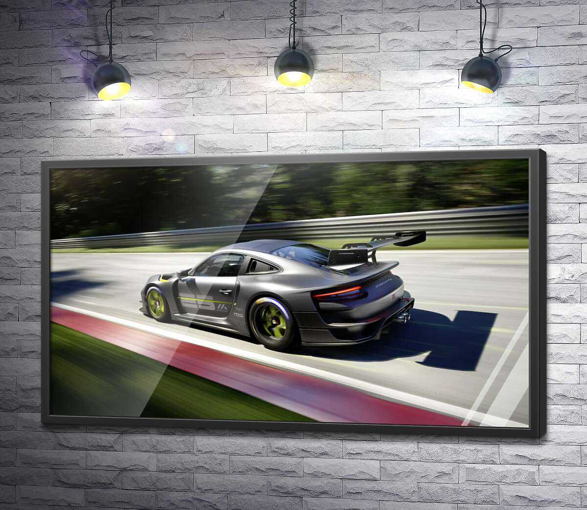 постер Сірий автомобіль Porsche 911 GT2 мчить по трасі