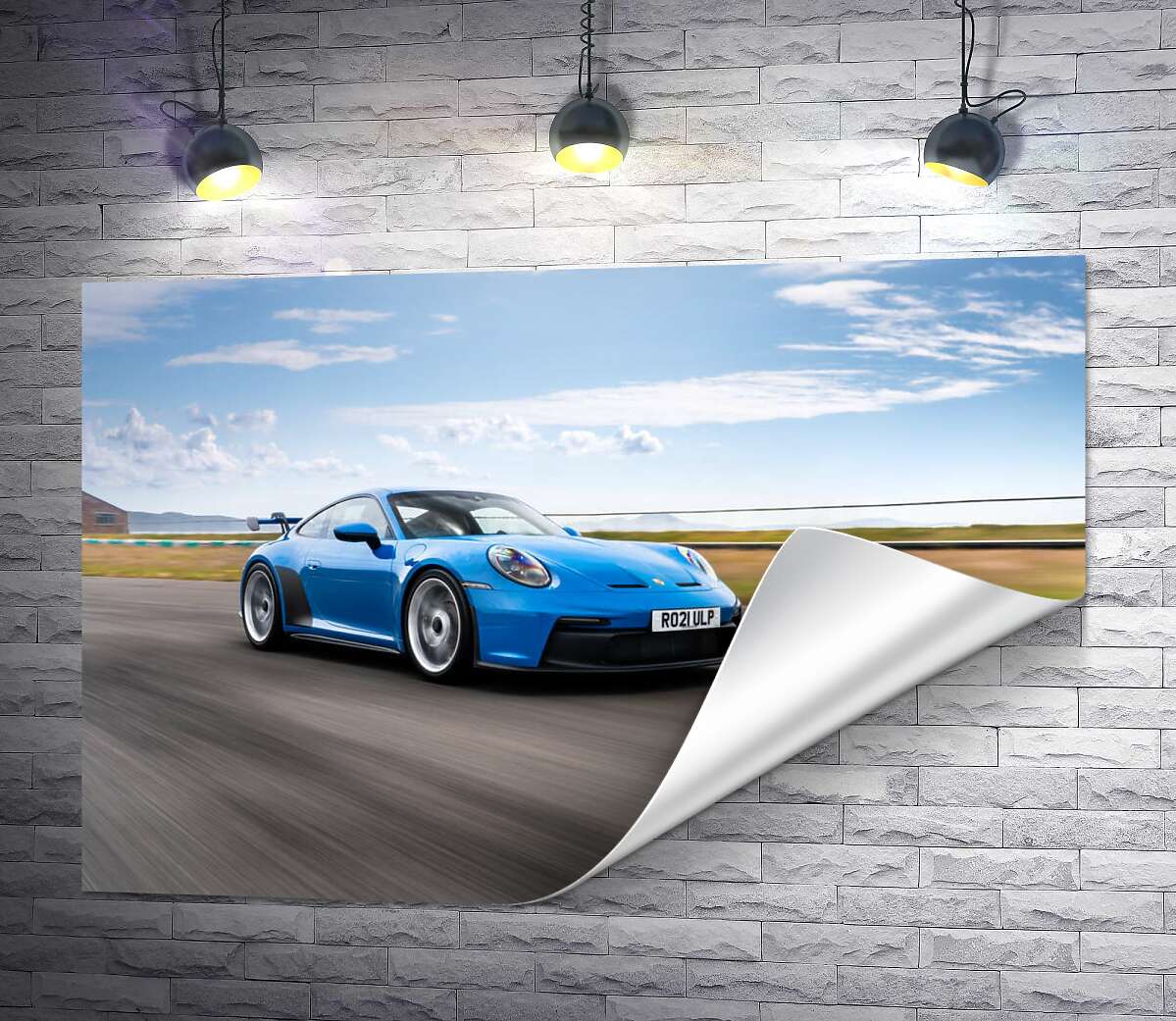 друк Блакитний автомобіль Porsche 911 GT3 на трасі