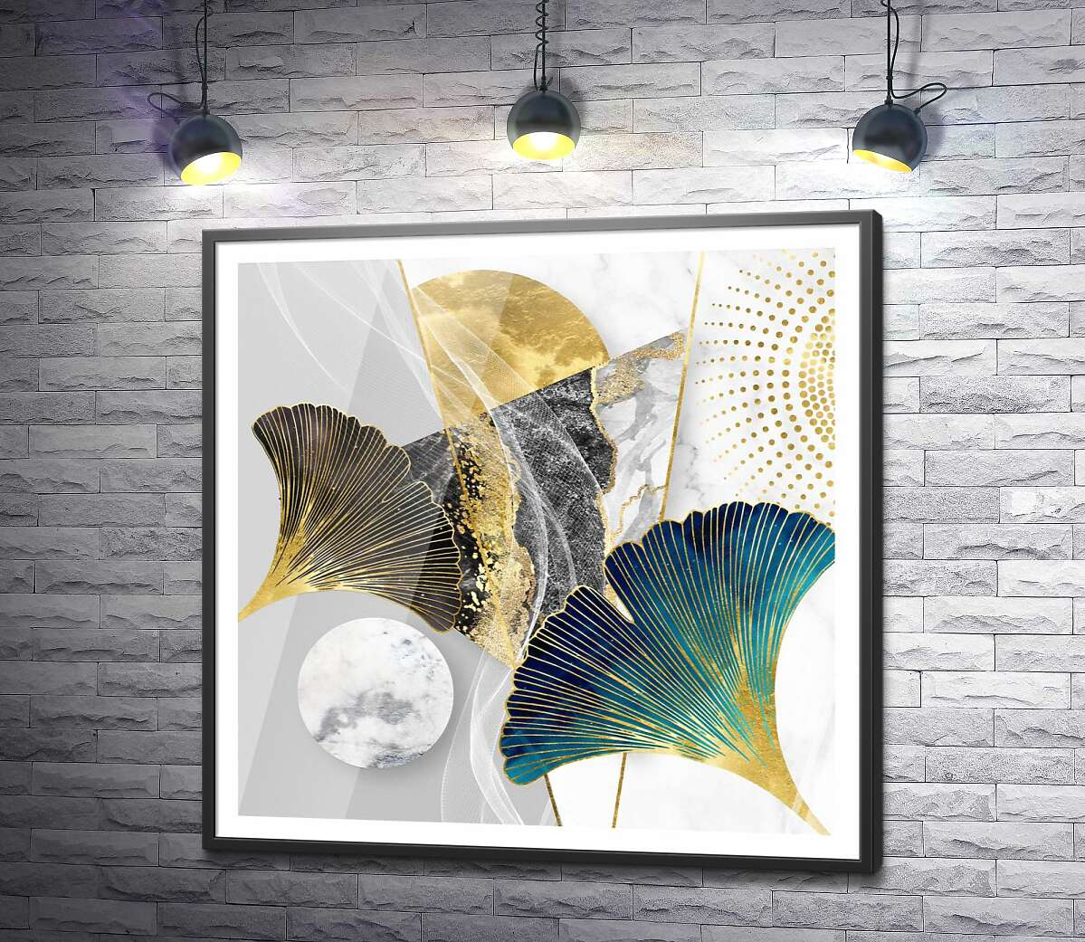 постер Контрастні листя гінкго в біло-золотій абстракції