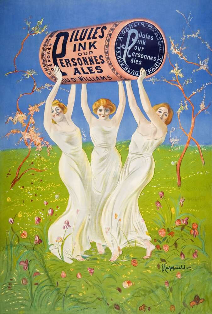 картина-постер Винтажный плакат с девушками в белых платьях с бочкой эля