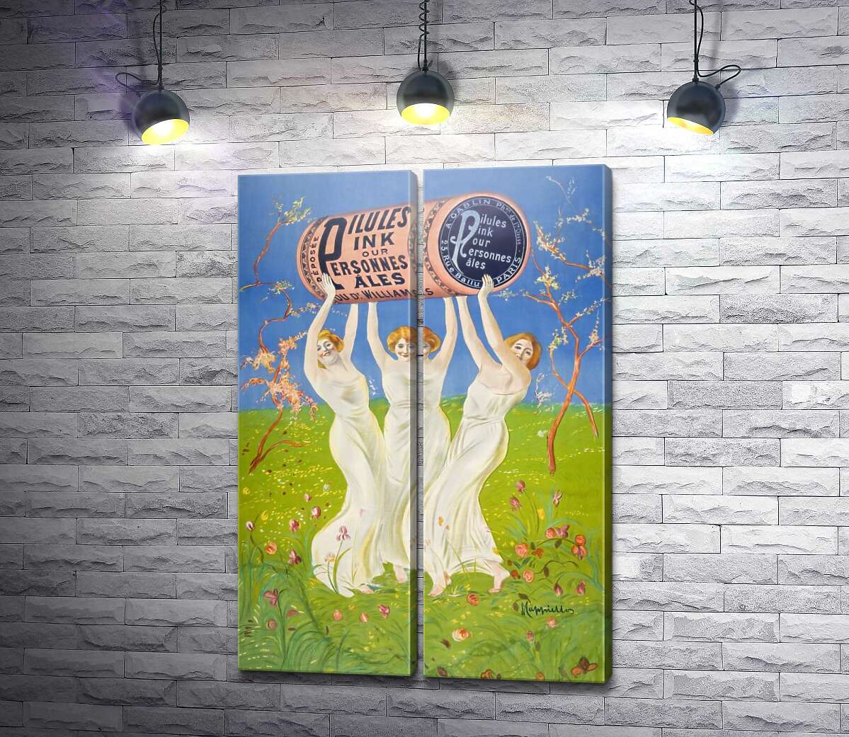 модульна картина Вінтажний плакат з дівчатами в білих сукнях з бочкою елю