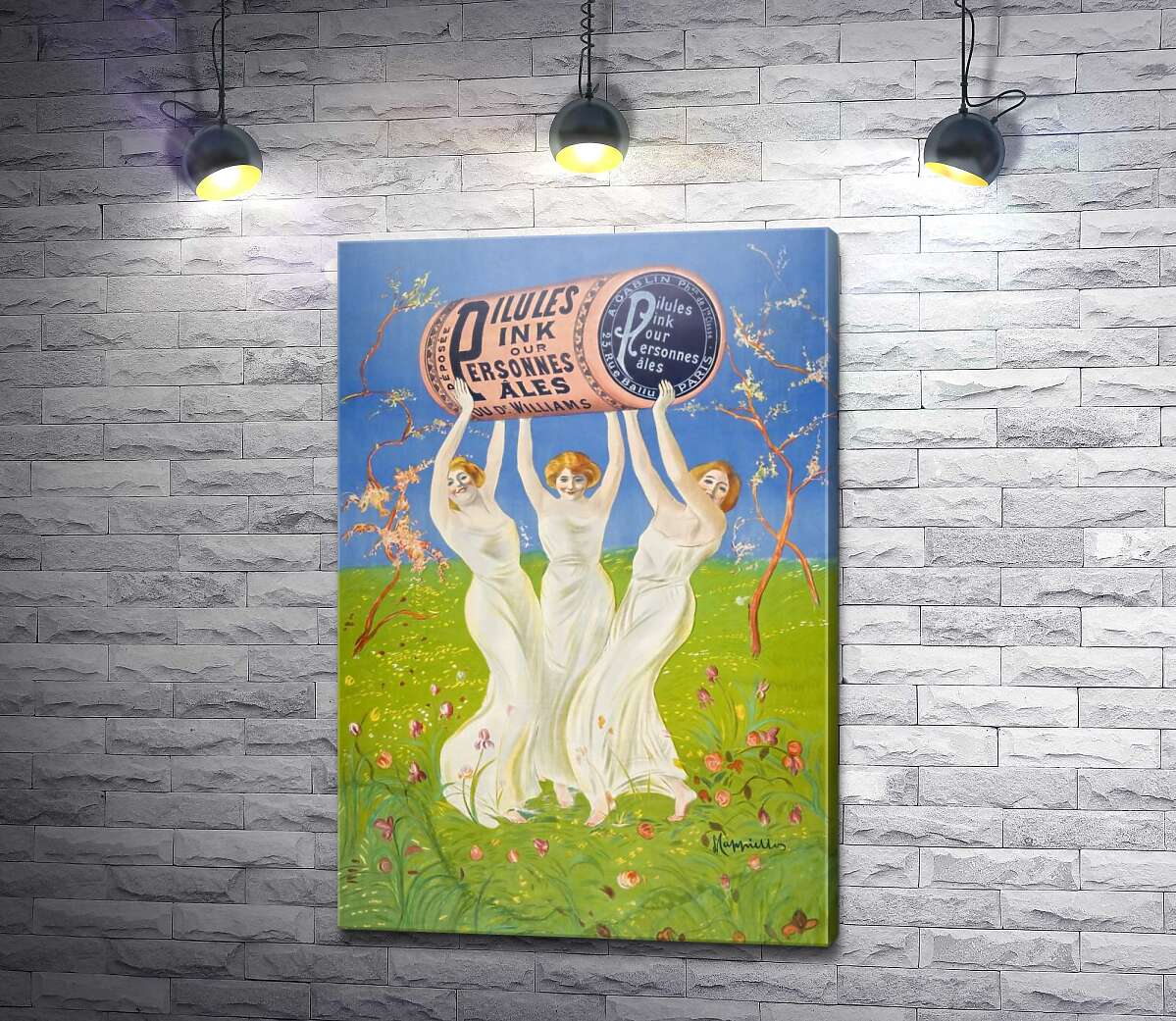 картина Винтажный плакат с девушками в белых платьях с бочкой эля