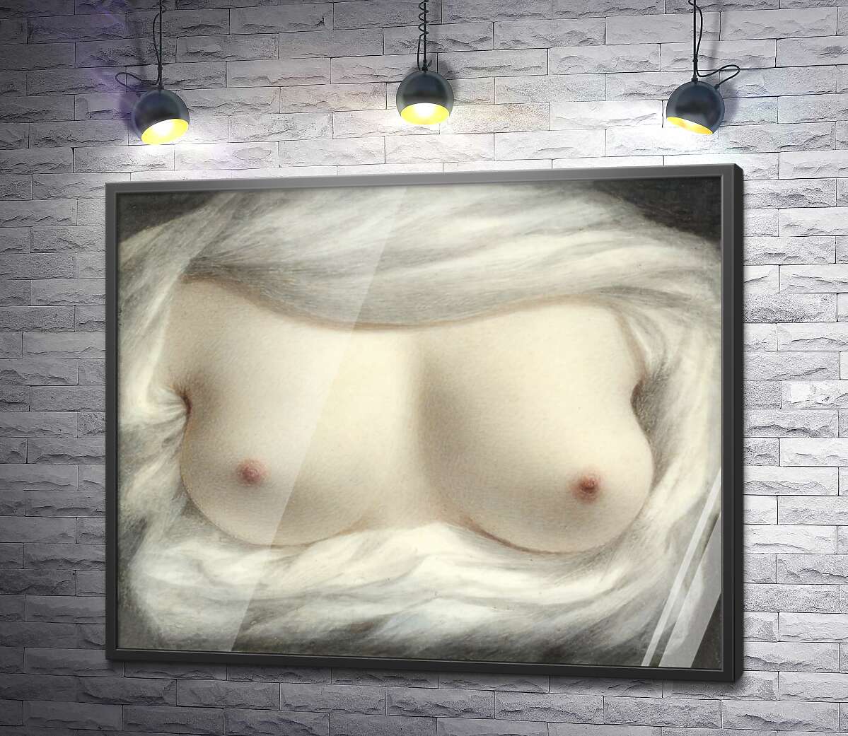 постер Красивая женская грудь в кайме белой ткани