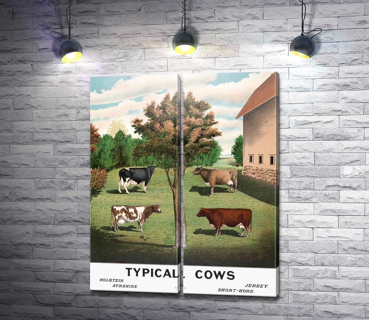 модульная картина Винтажный плакат сельского двора с коровами