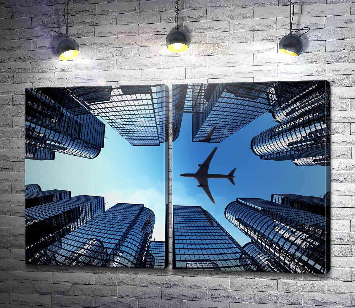 модульная картина Самолет над зеркальными небоскребами
