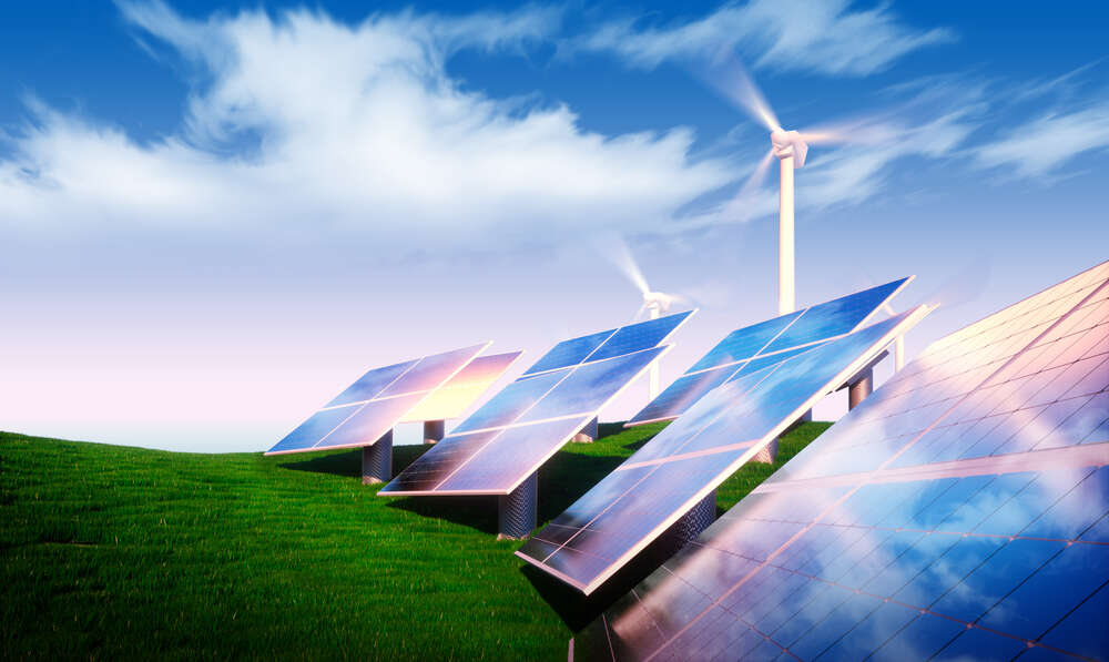 картина-постер Зеленая энергетика солнечных панелей и ветряков
