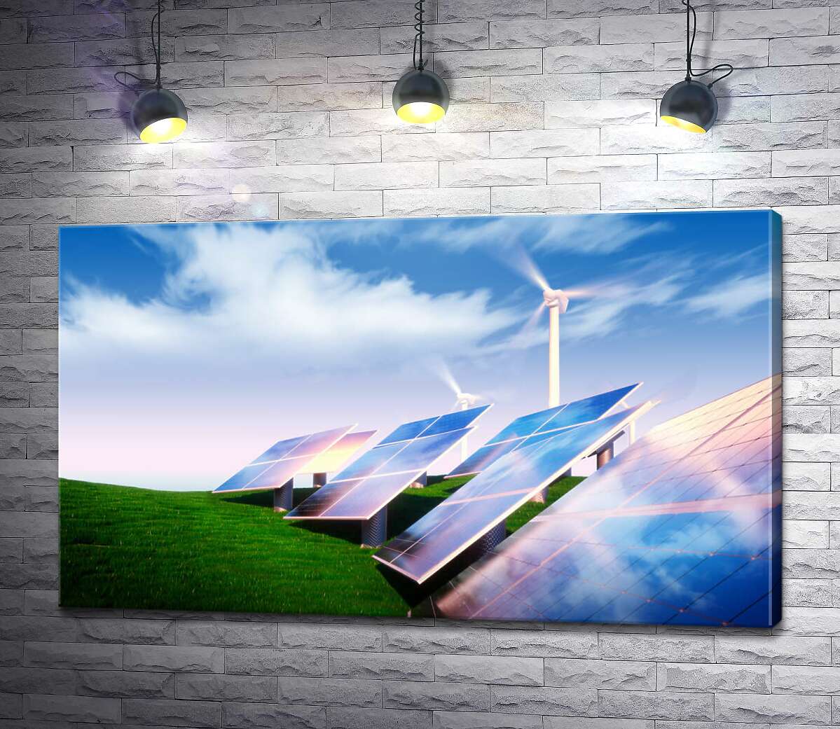 картина Зеленая энергетика солнечных панелей и ветряков