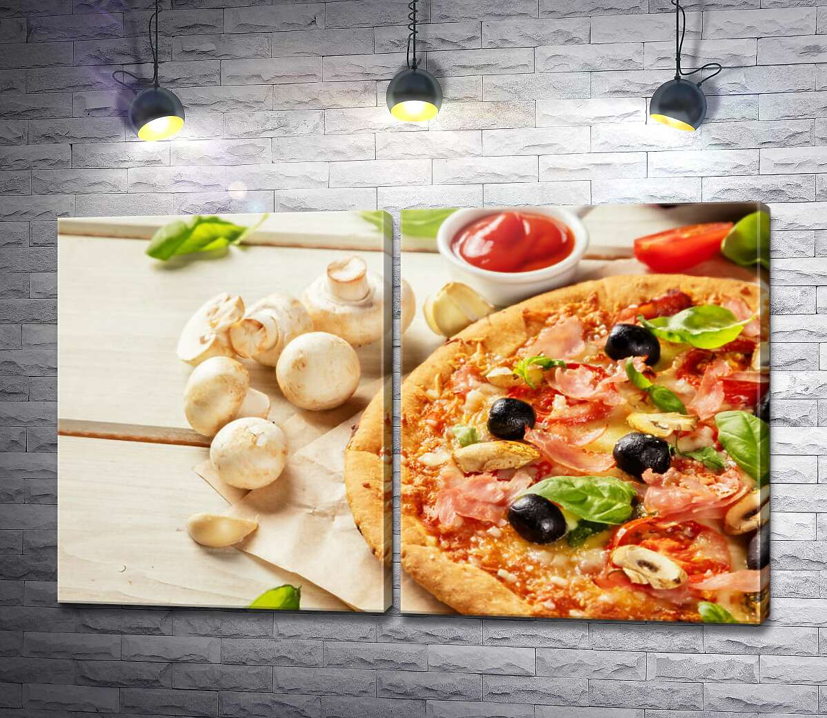 модульная картина Хрустящая пицца с оливками, беконом и грибами