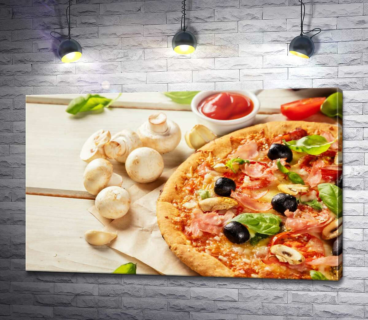 картина Хрустящая пицца с оливками, беконом и грибами