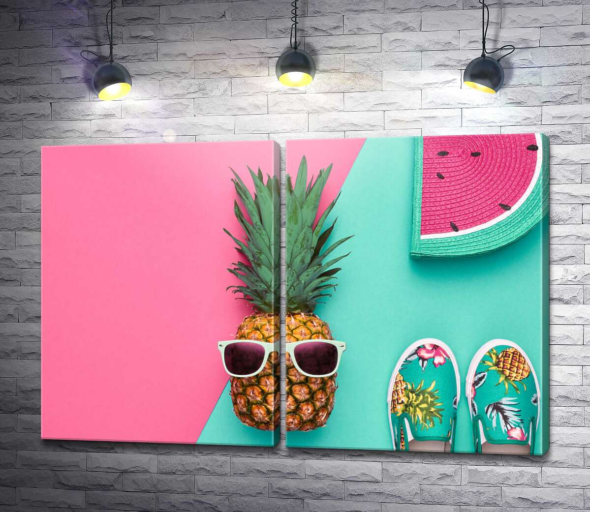 модульная картина Розово-бирюзовое летнее настроение ананаса в очках