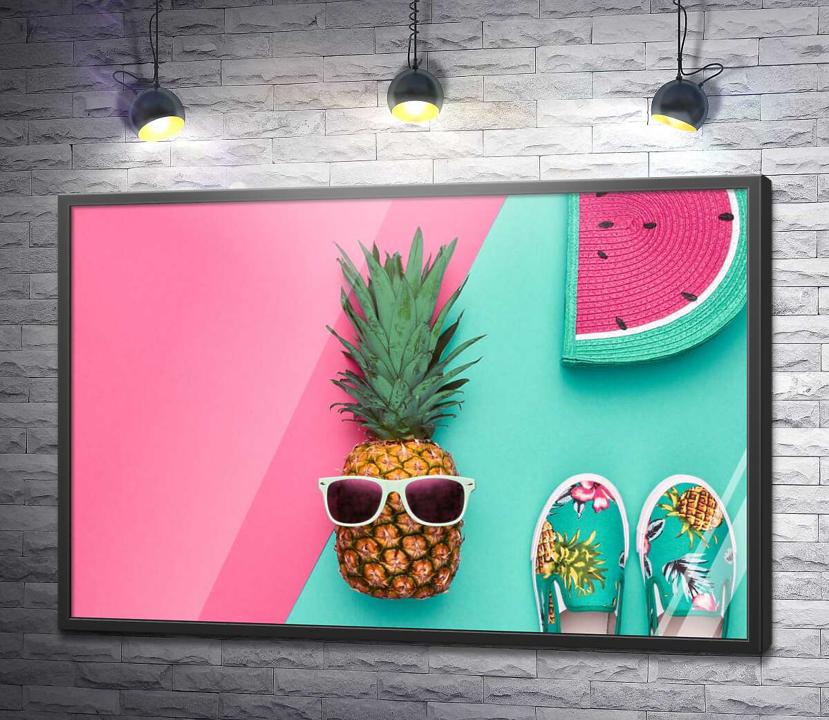 постер Рожево-бірюзовий літній настрій ананаса в окулярах