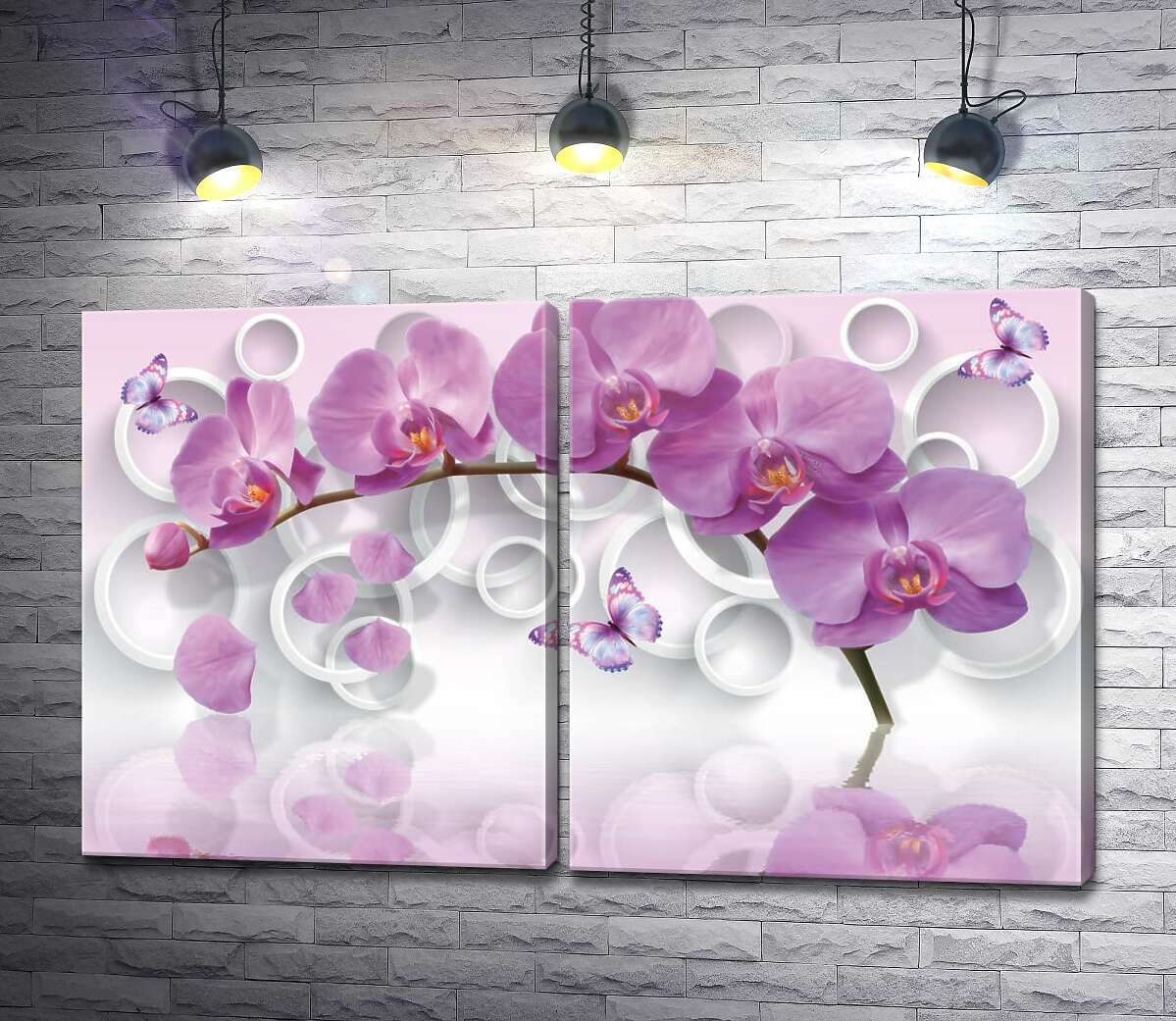 модульная картина Розовая орхидея в окружении бабочек