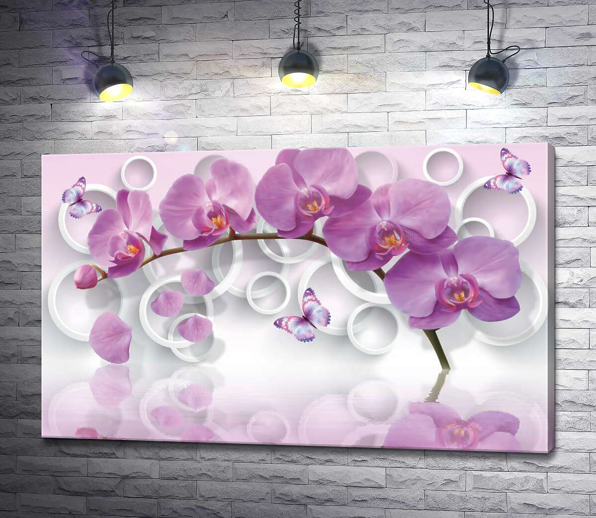 картина Розовая орхидея в окружении бабочек