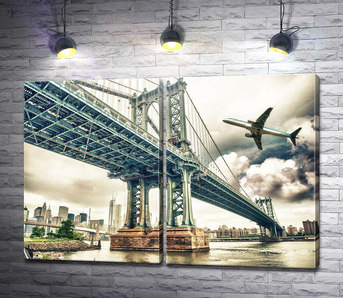 модульная картина Взлетающий самолет над Манхэттенским мостом