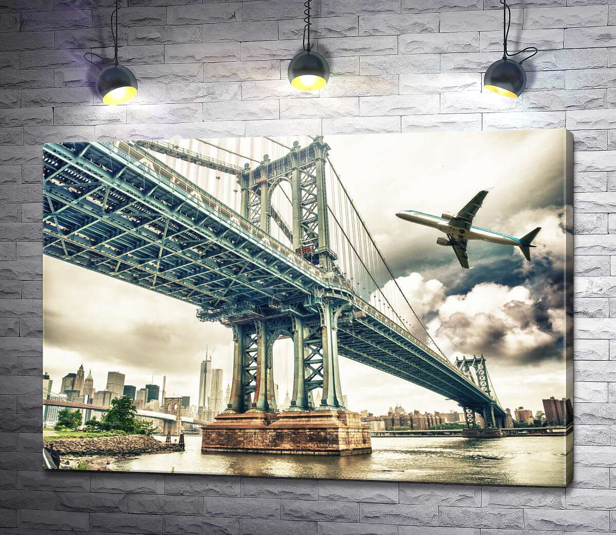 картина Взлетающий самолет над Манхэттенским мостом