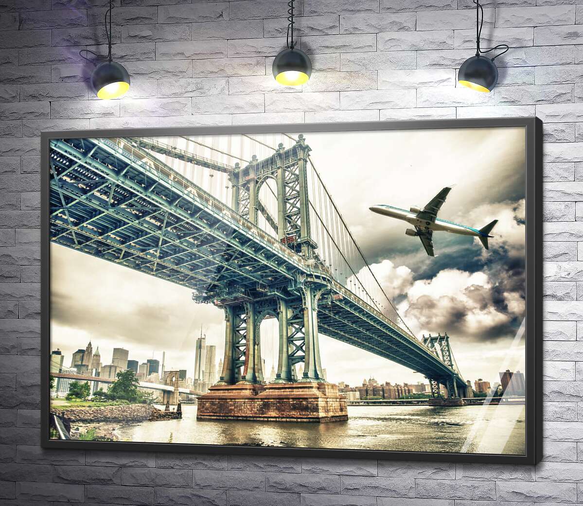 постер Взлетающий самолет над Манхэттенским мостом