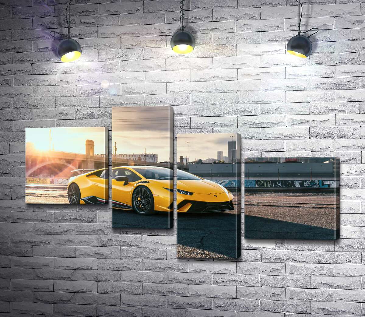 модульная картина Желтый автомобиль Lamborghini Huracan в лучах солнца (Модуль №21)