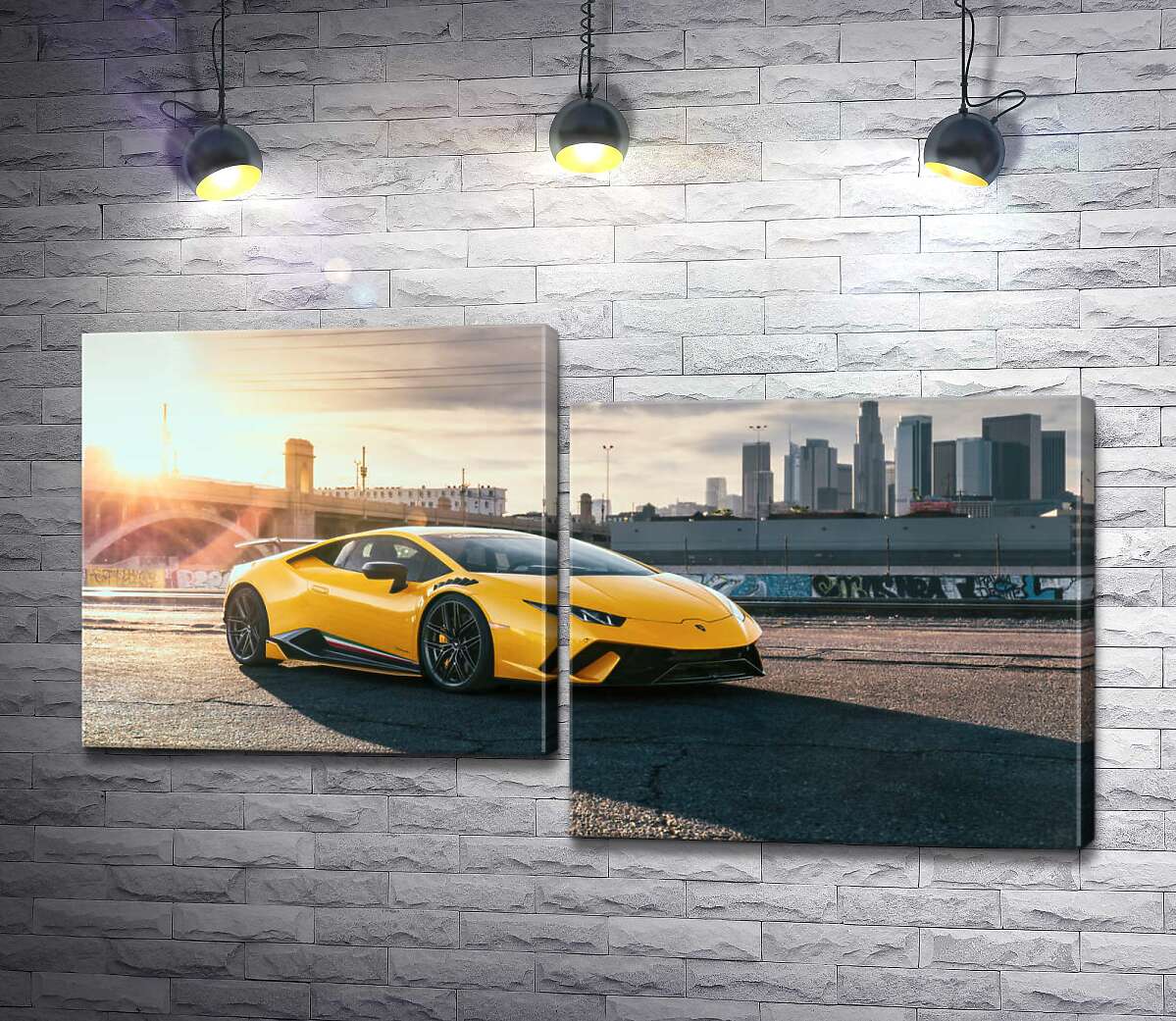 модульная картина Желтый автомобиль Lamborghini Huracan в лучах солнца (Модуль №9)