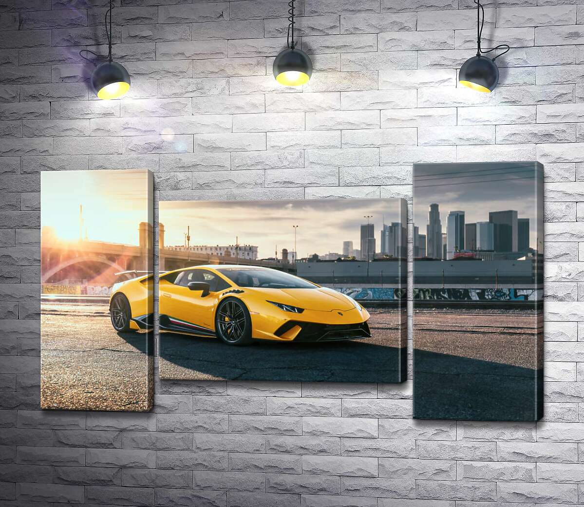 модульная картина Желтый автомобиль Lamborghini Huracan в лучах солнца (Модуль №11)