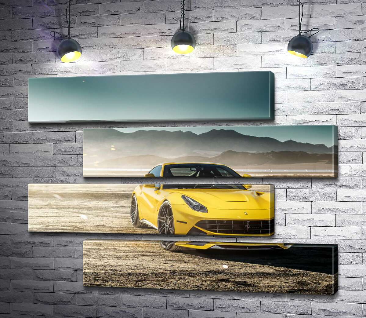 модульна картина Жовтий автомобіль Ferrari F12 berlinetta в пустелі (Модуль №23)